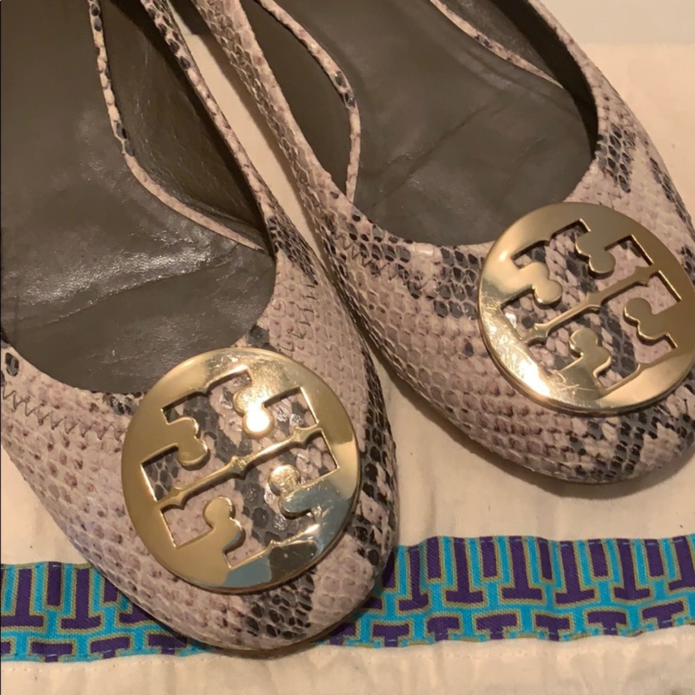 Tory Burch Snakeskin Flats with Gold Logo
